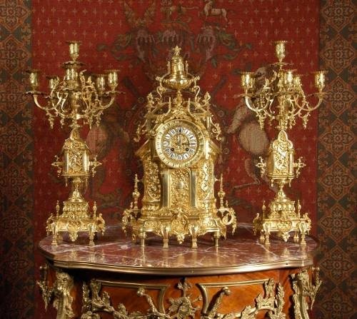 fig 1. Superb Antique French Gothic Clock Set ~ Lions Rampant.